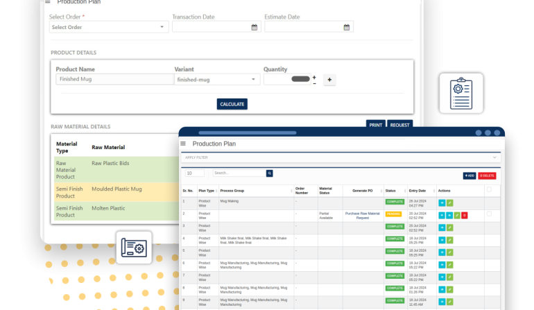 Delight Production Management ERP Software : P[roduction planning and excution , Production cycle tracking & BOM